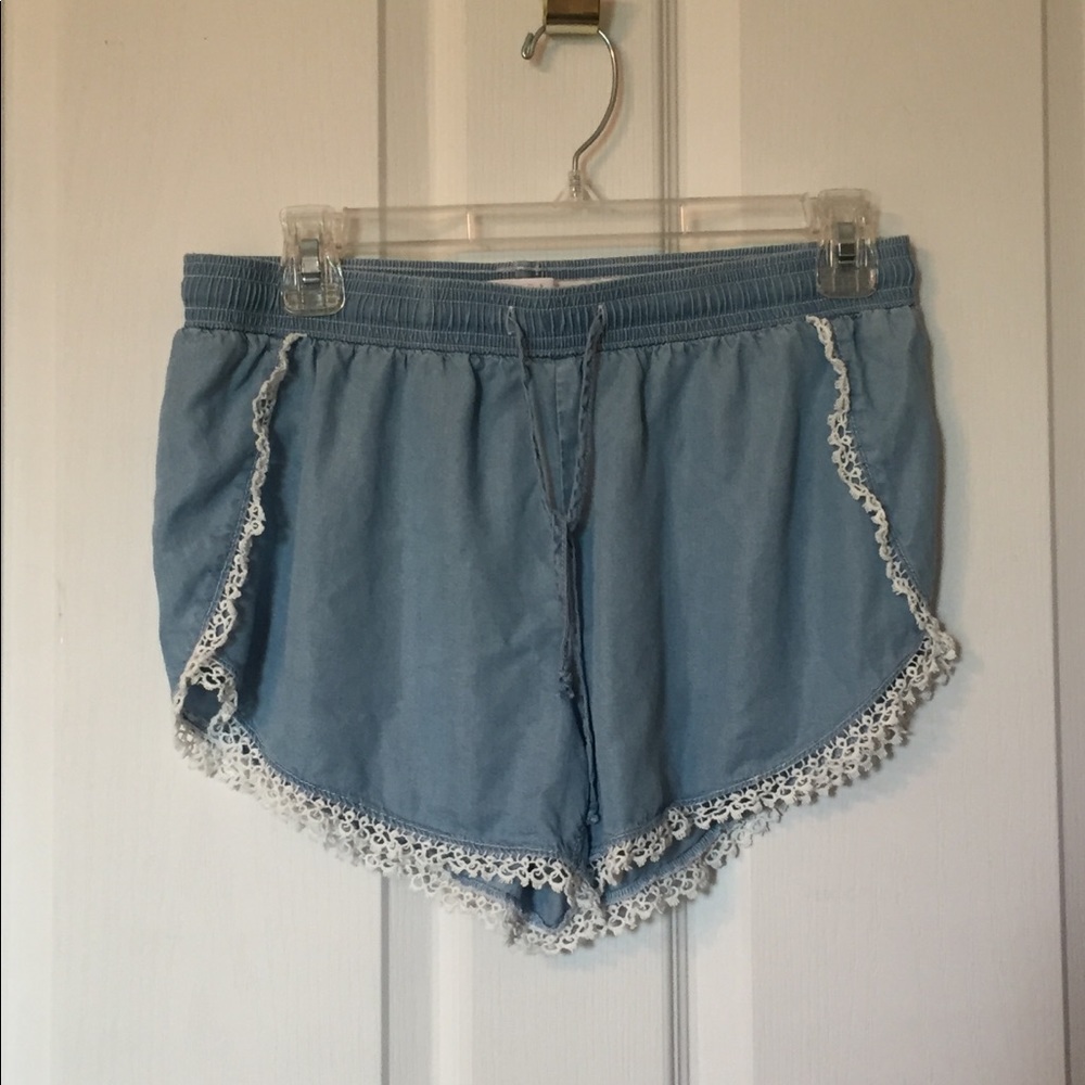 Soft denim and lace shorts.